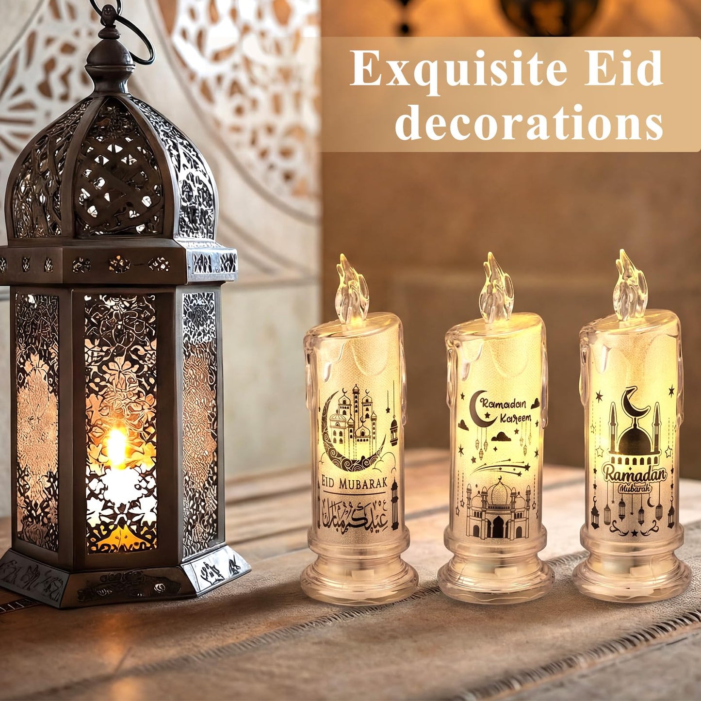 VIHOSE 3 Pcs Ramadan Decorations for Home Eid Mubarak Flameless Candles LED Battery Operated Candles Muslim Moon Decorative Lights for Home Muslim Ramadan Decorations