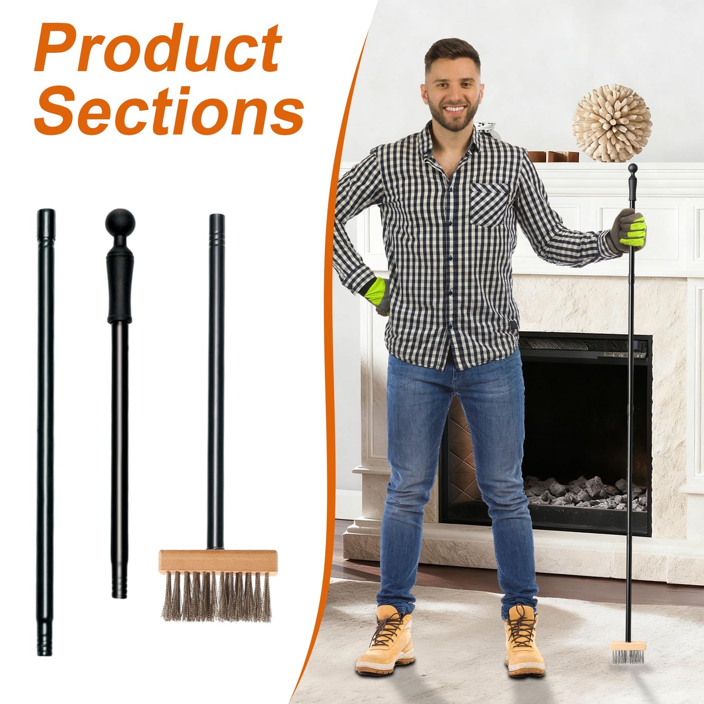 Cleaning Brush Deck Broom, Wire Brush Cleaning Tool for Fireplace Long Handle 43 Inch, Heavy Duty Steel Wood Burning Stove, Fire Pit Wire Outdoor Broom for Outdoor Moss Removal