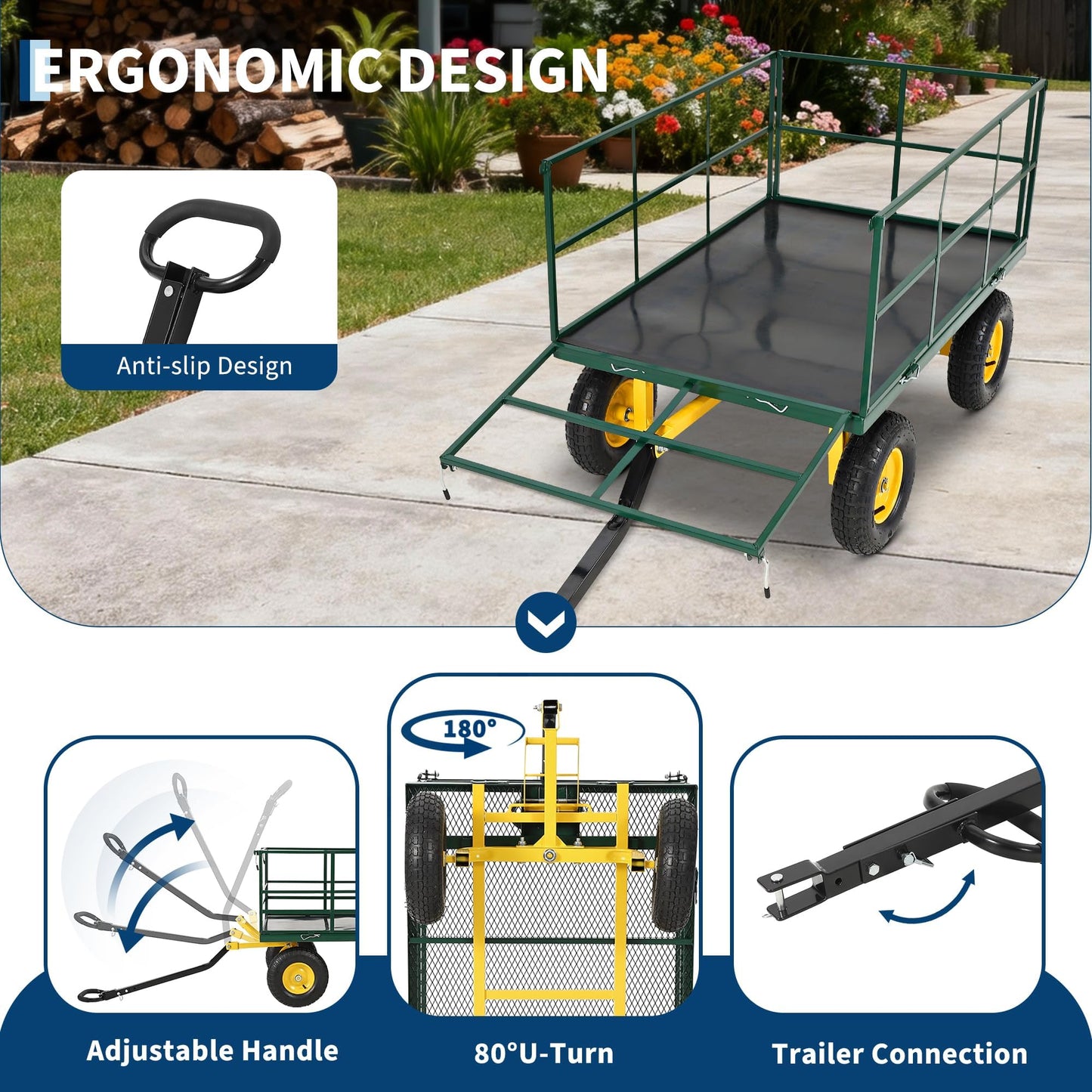 Heavy Duty 1500 Lbs Capacity Mesh Steel Garden Cart Folding Utility Wagon with Removable Sides, Garden Cart on Wheels for Gardening Soil, Tools, and Plant Transport