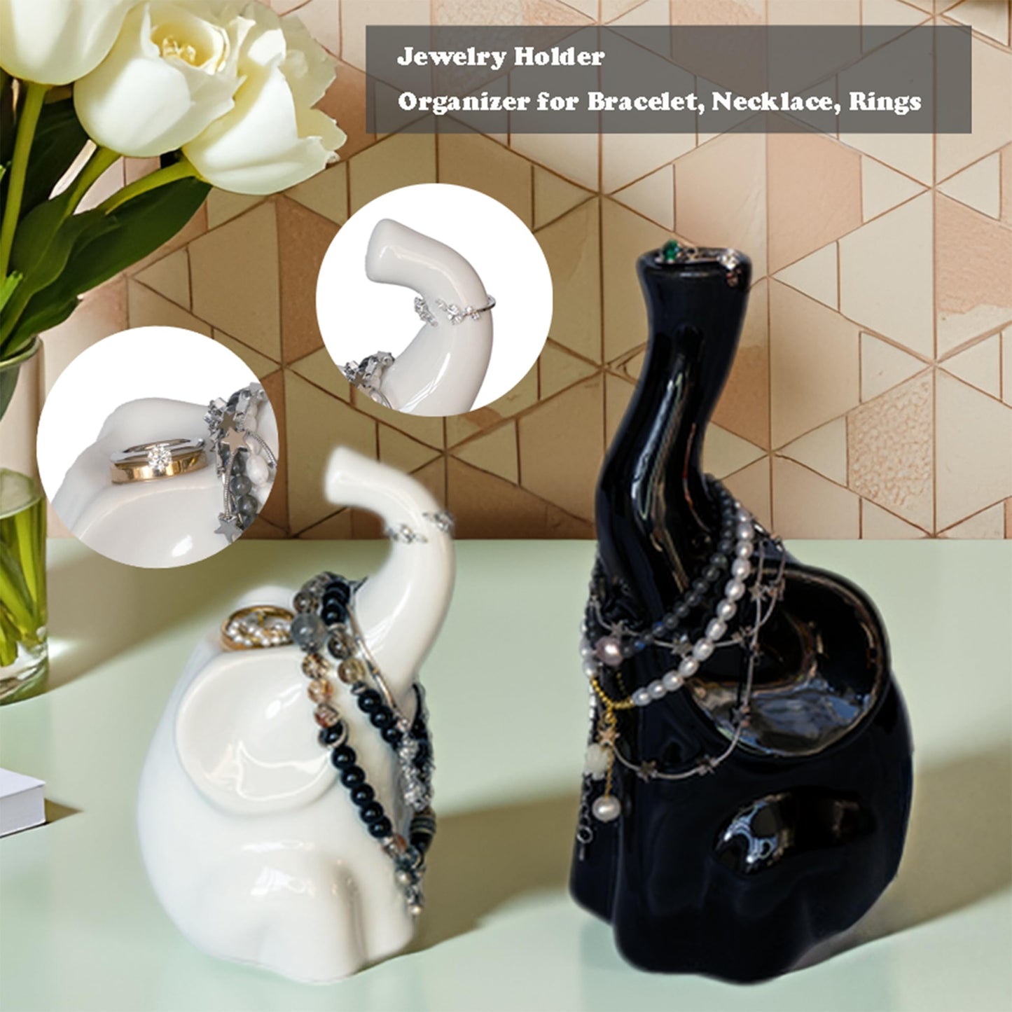 AOBOWEYO Handmade Elephant Gifts for Women, Ceramic Figurines with Crystal Balls, Modern Statues Home/Office Decor, Animal Sculpture for Anniversary/Housewarming/Wedding/Couples (Black & White)
