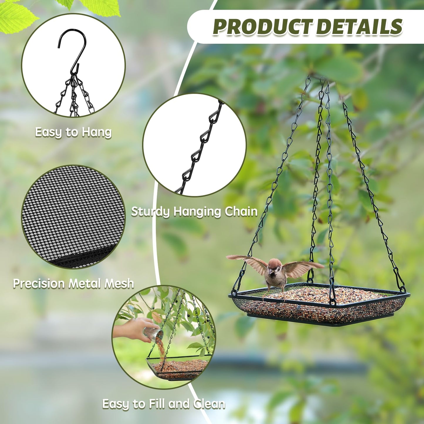 MIXXIDEA Hanging Bird Feeder Tray Metal Mesh Platform Seed Feeder with Durable Chains for Outdoors Garden Great for Attracting Birds (2 Pack)