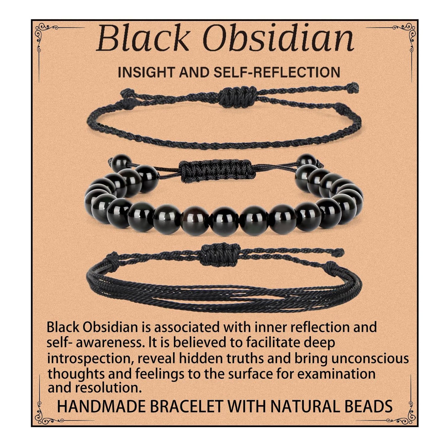 QOGIR Handmade Healing Stones Bracelet,8mm Natural Black Obsidian Gemstone Beads Bracelet,for Men Women Gifts with 2PCS Size Adjustable Rope Bracelets