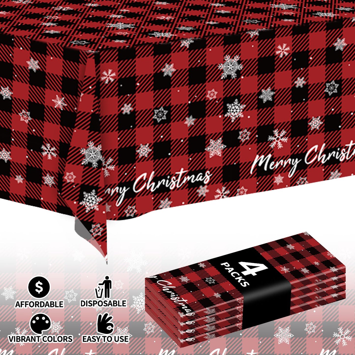 JHDZDHY 4 Pack Christmas Snowflake Tablecloth Disposable Plastic Tablecloth Table Cover for Christmas Party Decoration Supplies 54 x 108 Inches (Red Checkered Snowflake)