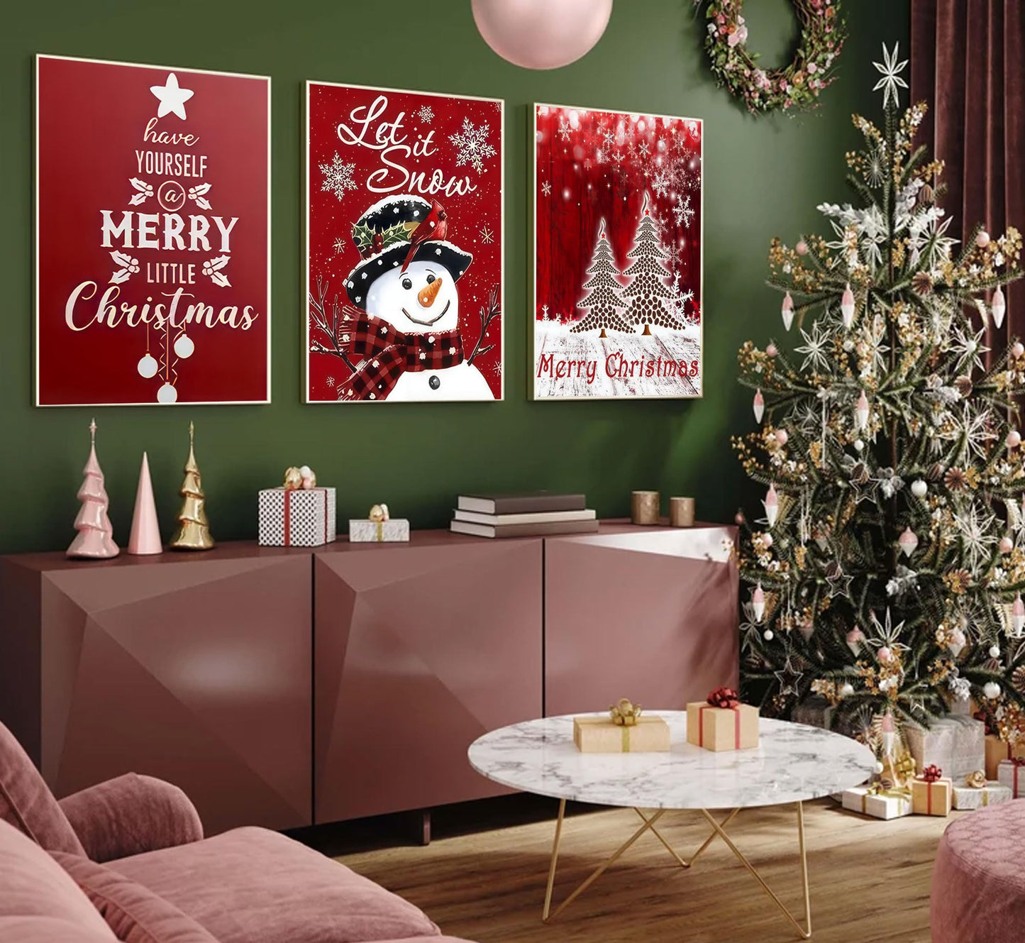 3pcs Red Christmas Canvas Wall Art Tree Snowman Posters Prints Paintings Winter Christmas Quotes Wall Decor Pictures for Living Room And Bedroom Furniture Decoration Unframed