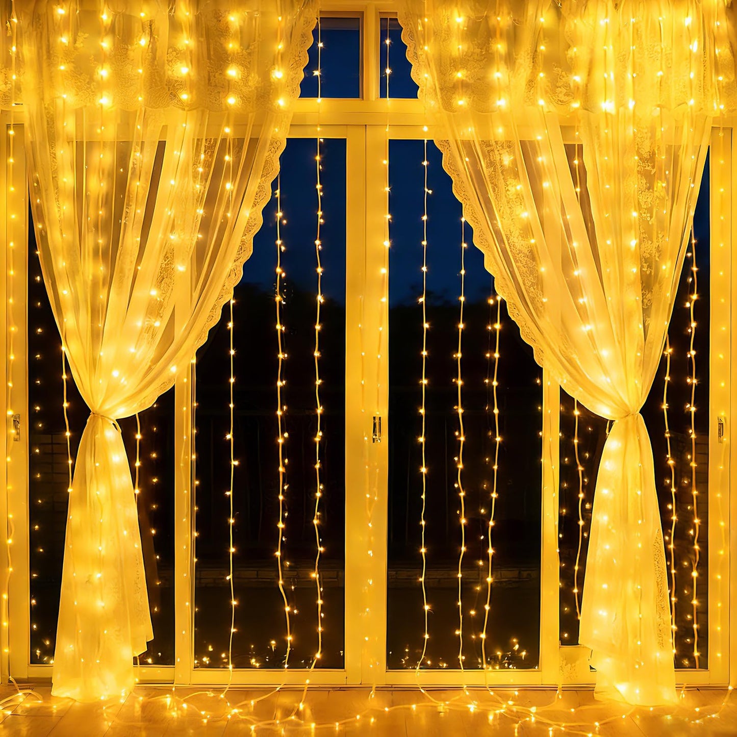 300LED Fairy Curtain Lights 9.8ft x 9.8ft LED Dimmable Twinkle Lights with Remote and Timer USB Plug in 8 Modes String Lights for Bedroom Backdrop Wedding Indoor Wall Christmas Decoration, Warm White