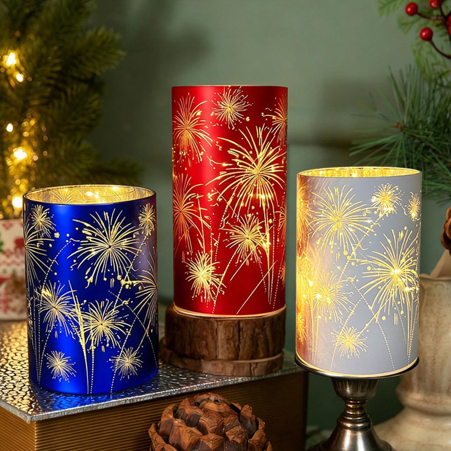 Set of 3 Celebration Hurricanes, Celebration Firework Lanterns - Premium Patriotic Red White Blue Trio, Etched Firework Starburst Lights, Twinkling Table Centerpieces for Wedding & Holiday Décor (A)