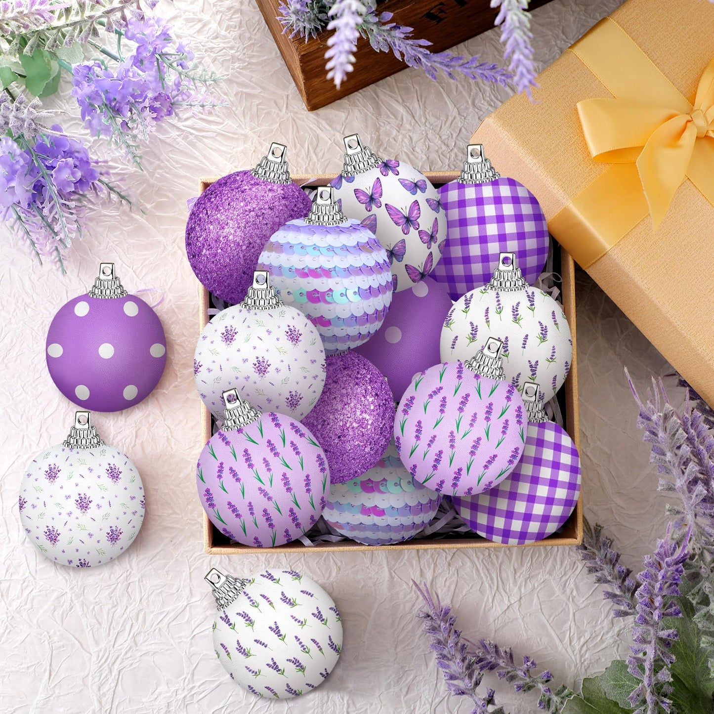 Zeyune 16 Pcs 1.97 Inch Spring Ornaments for Small Tree Lavender Butterfly Tree Decorations Summer Purple Glitter Sequin Balls Hanging Decor for Holiday Party Favors