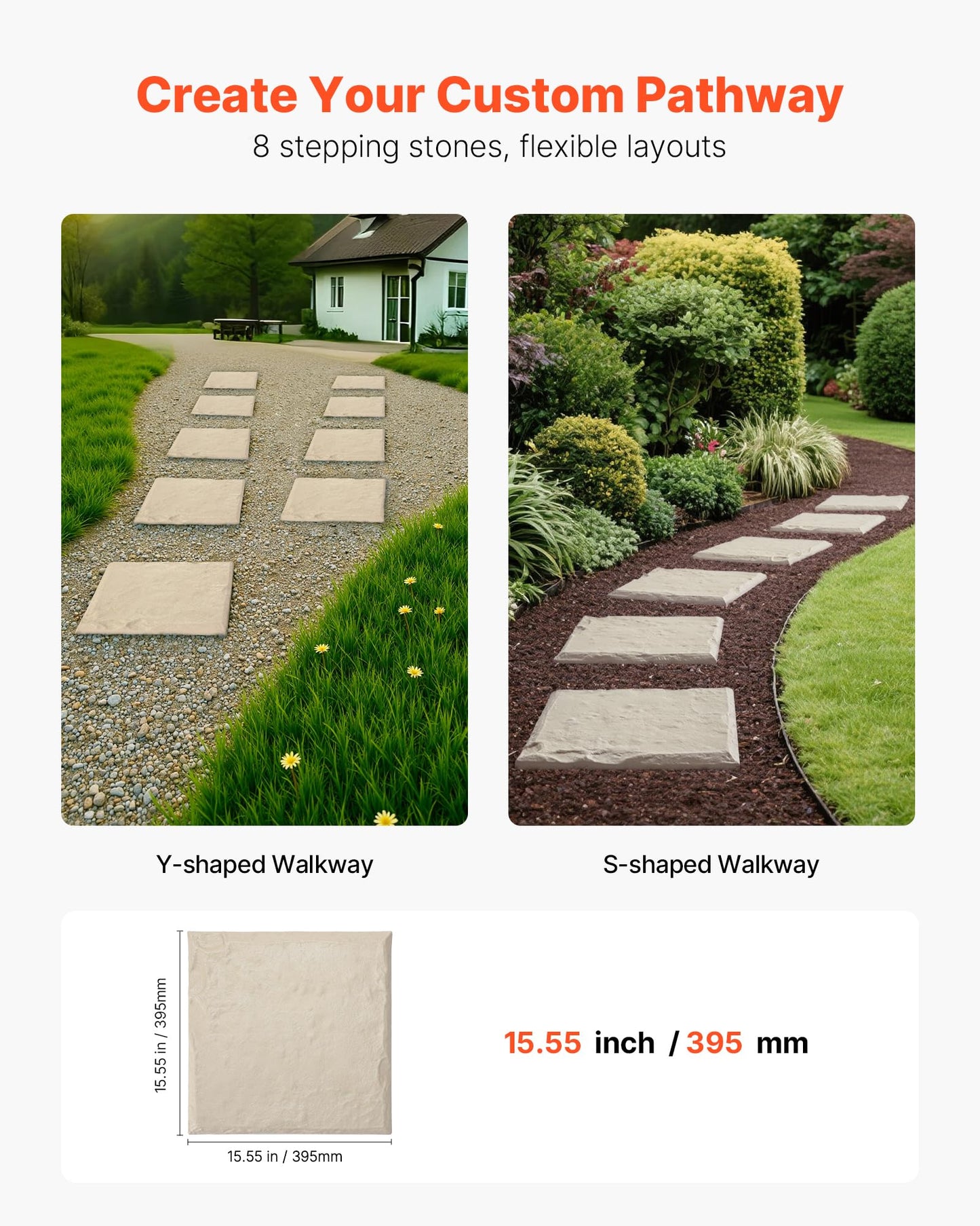 VEVOR Garden Stepping Stones, 8Pcs 15.5 x 15.5 in, Decorative Stepping Stones with Stakes, Weather-Resistant Plastic Pathway Pavers, Smooth Surface, Outdoor Walkway for Lawn Patio Landscape, Beige