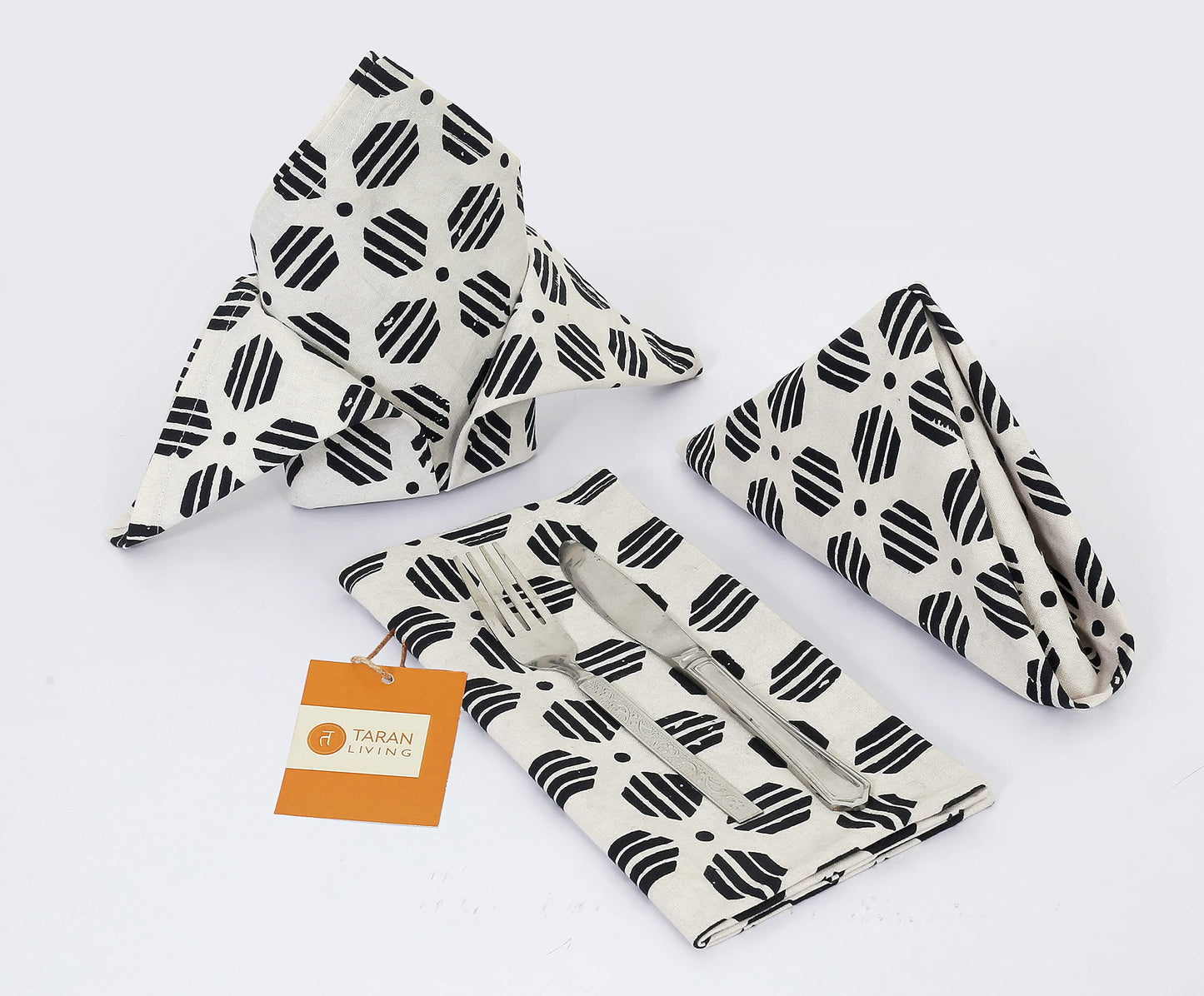 Taran Geometric Beige Print Cotton Dinner Napkins Set of 12 | 18x18 Inches | 100% Natural, Reusable Linens for Dinner, Events, Weddings