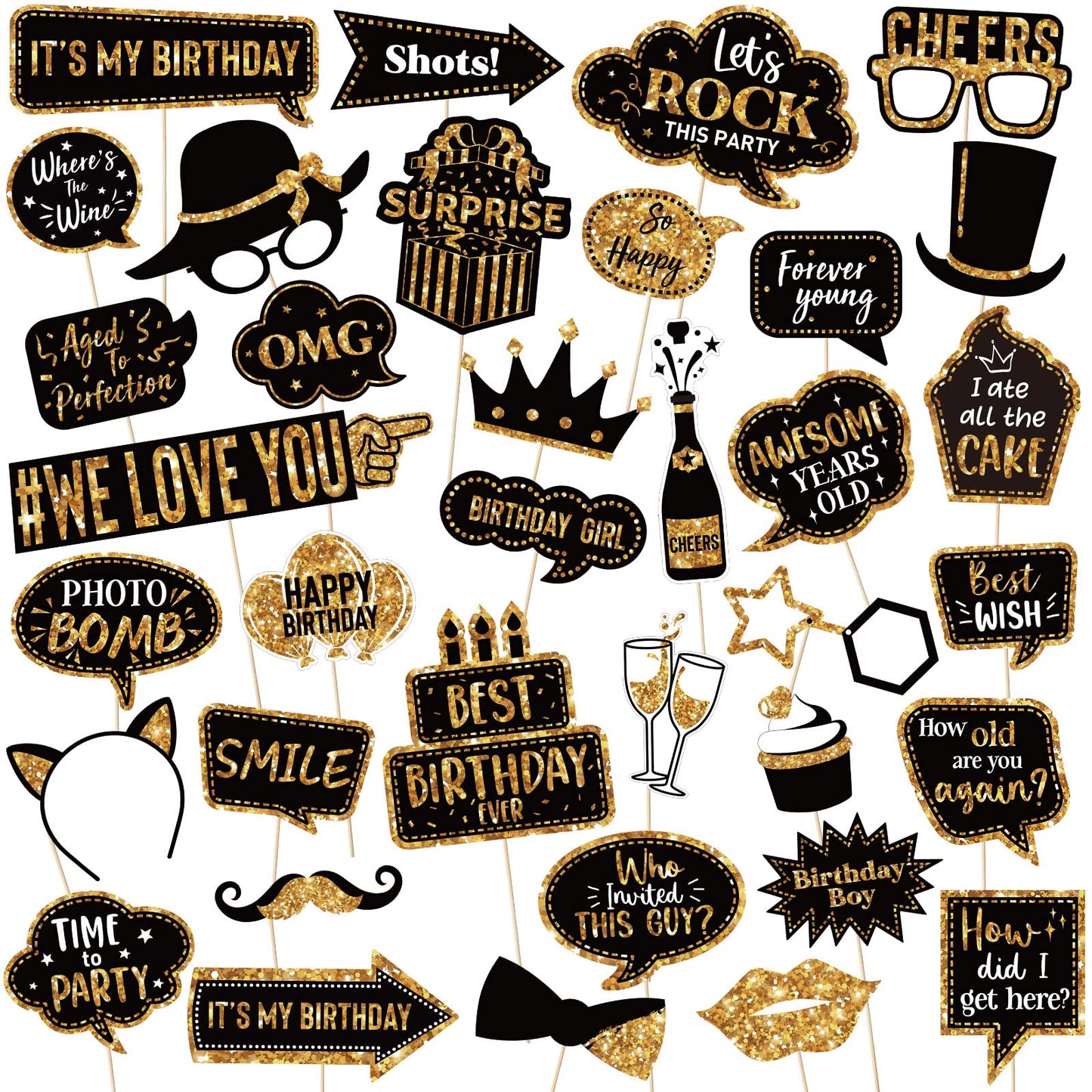 Outus 36 Pcs Birthday Photo Booth Props Kit Happy Birthday Graduation Wedding Party Favors Supplies Bday Party Decor 40th- 50th-60th Photobooth Funny Cute Holiday Selfie Supplies(Gold and Black)