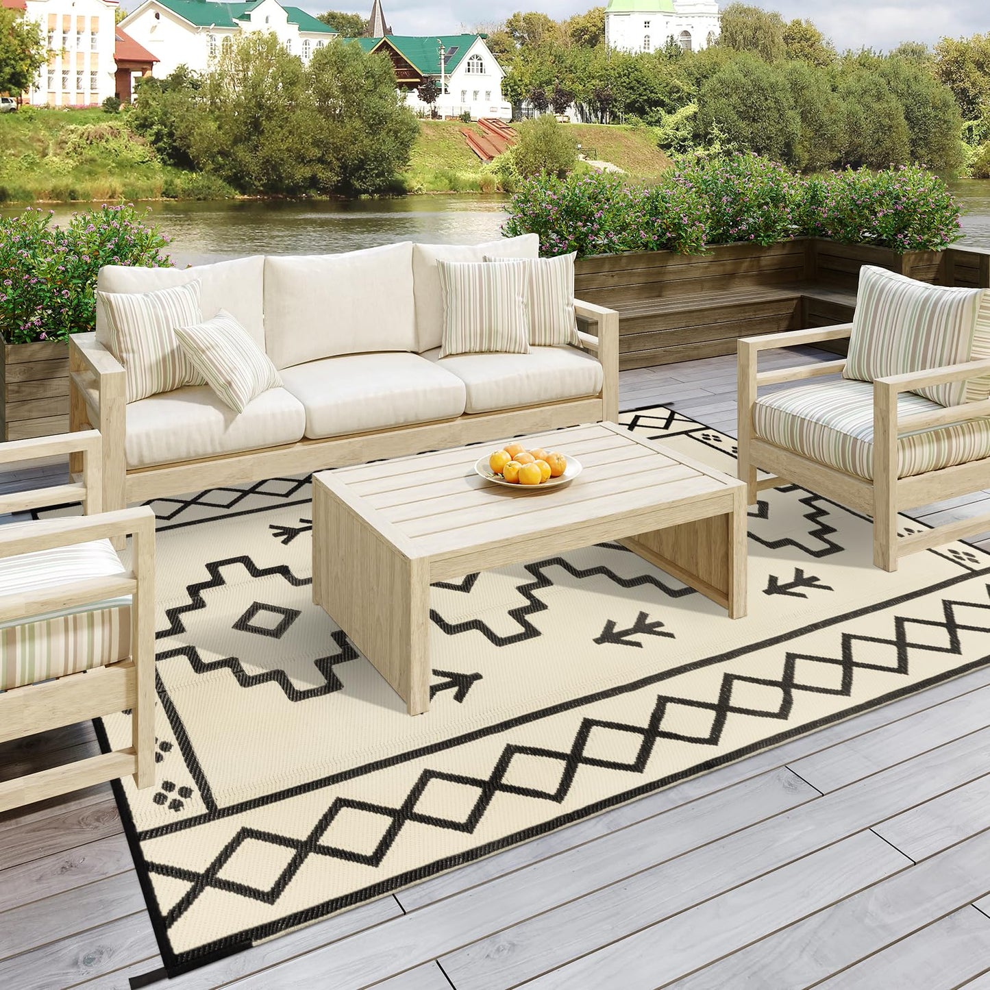 Uphome Outdoor Plastic Straw Rug, 6x9 ft, Reversible Waterproof, Tan Boho Patio & RV Camping Rug for Outside & Indoor Outdoor Use, 6'x9'