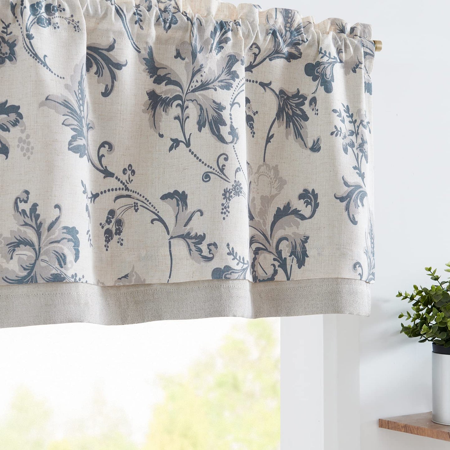 jinchan Linen Valance Curtain Farmhouse Window Decor Floral Print for Kitchen Living Room Double Layer Blackout Valance 18 Inches Rustic Window Treatment 1 Panel Rod Pocket Blue on Beige