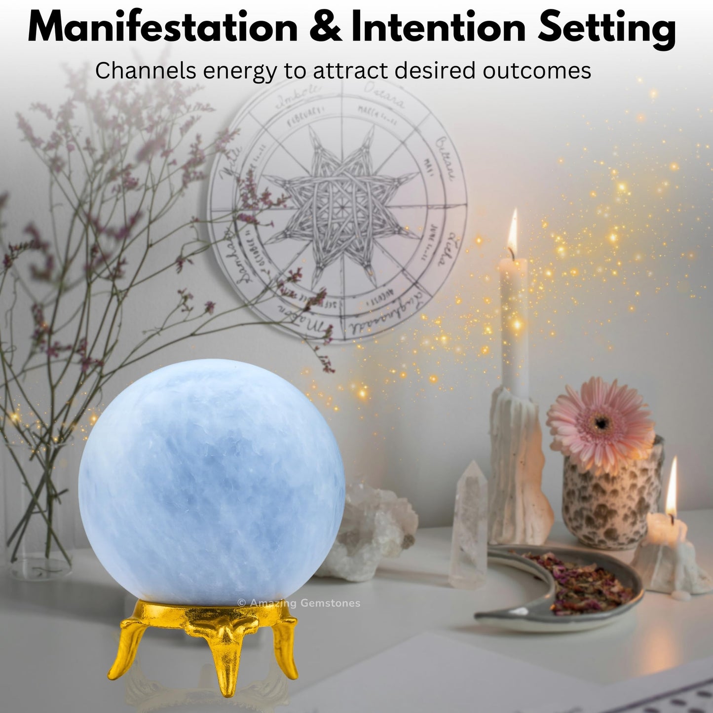 Amazing Gemstone Blue Calcite Crystal Ball with Stand - 2" Inches Crystal Sphere Meditation Balls for Witchcraft and Decorative Balls