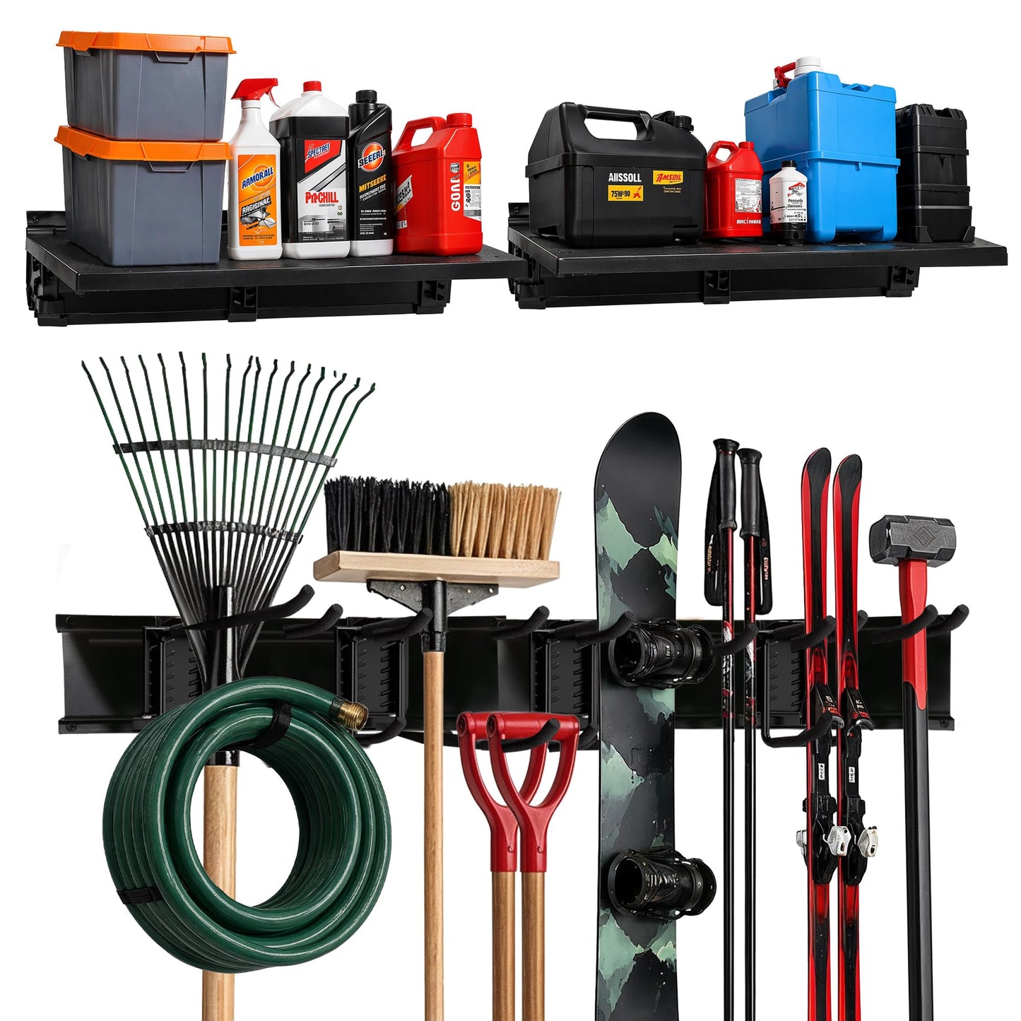 TIDYME Heavy-Duty Garage Wall Storage System | Wall Mounted Tool Organizer Rack with Shelving | 10-Piece Mounting Kit | Includes 4x10” Double-Layered Hooks & 2x16.5” Floating Utility Shelves