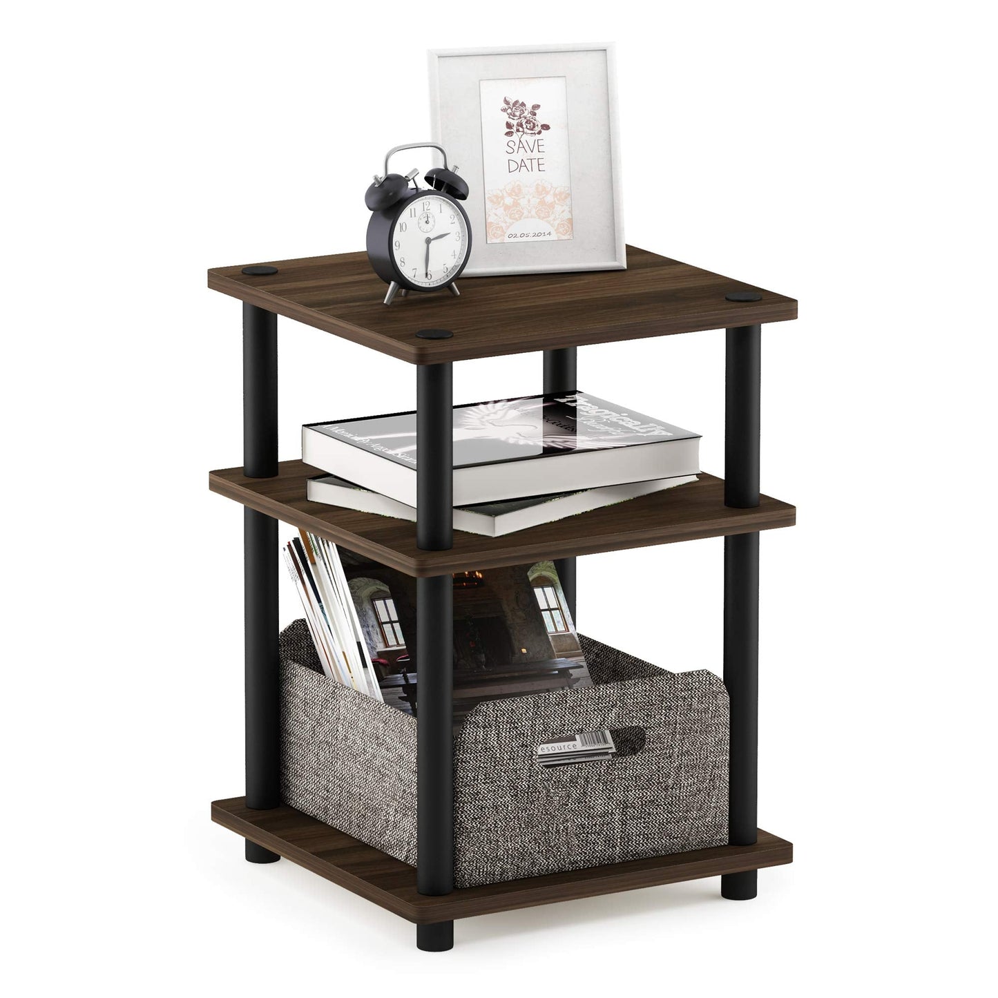 Furinno TURN-N-TUBE Side Table, 3-Tier Square Modern End Table, Open Shelves Nightstand, Night Stand, Bedside Table, Easy Assembly, for Living Room, Bedroom, Columbia Walnut
