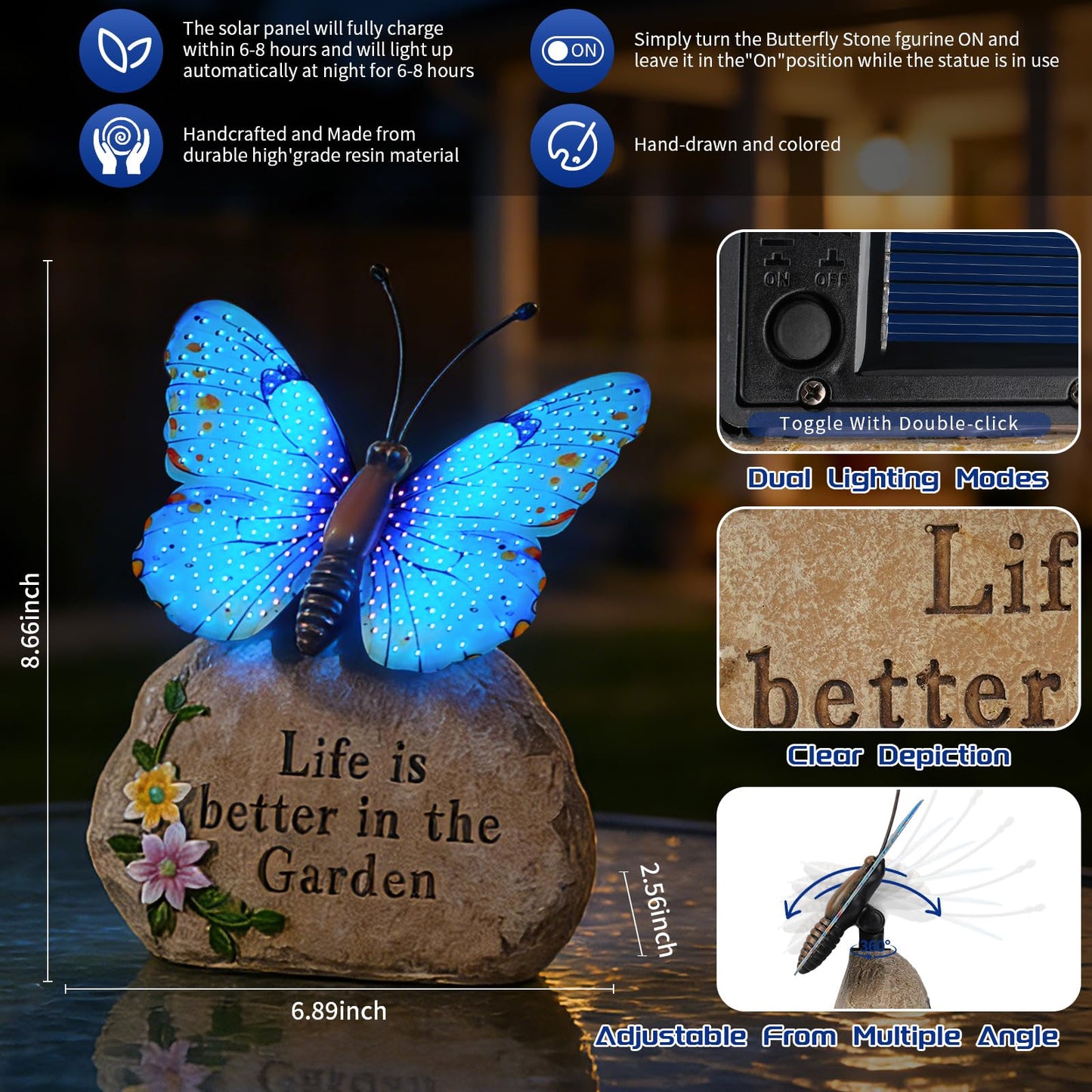 XMHBCSM Solar LED Butterfly Garden Statue with Sparkling Light-Up Wings - Outdoor Yard Patio Decor Figurine, for Women Mom Grandma (Blue)