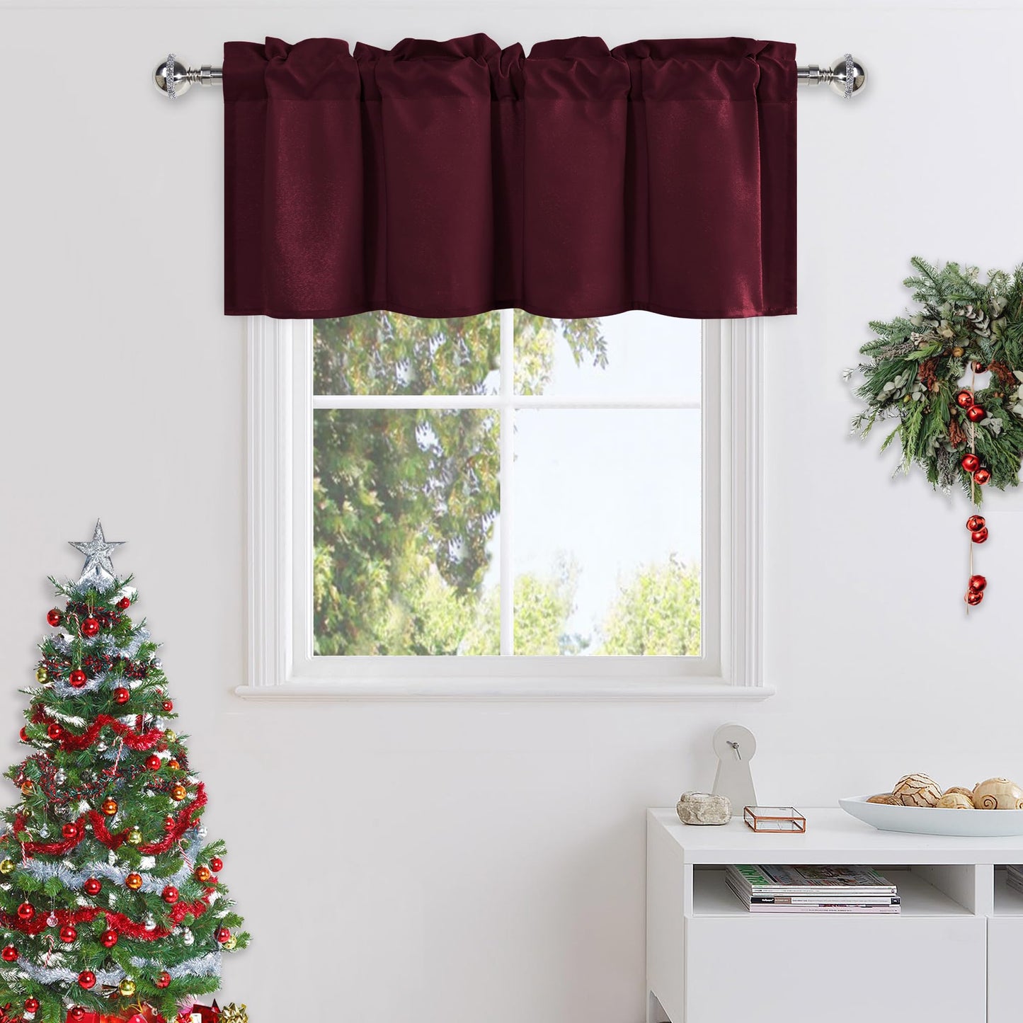 DWCN Valance Curtains for Living Room, Kitchen Valance Solid Short Topper, Rod Pocket Basement Window Curtains, 1 Panel, 42 X 12 Inch, Burgundy