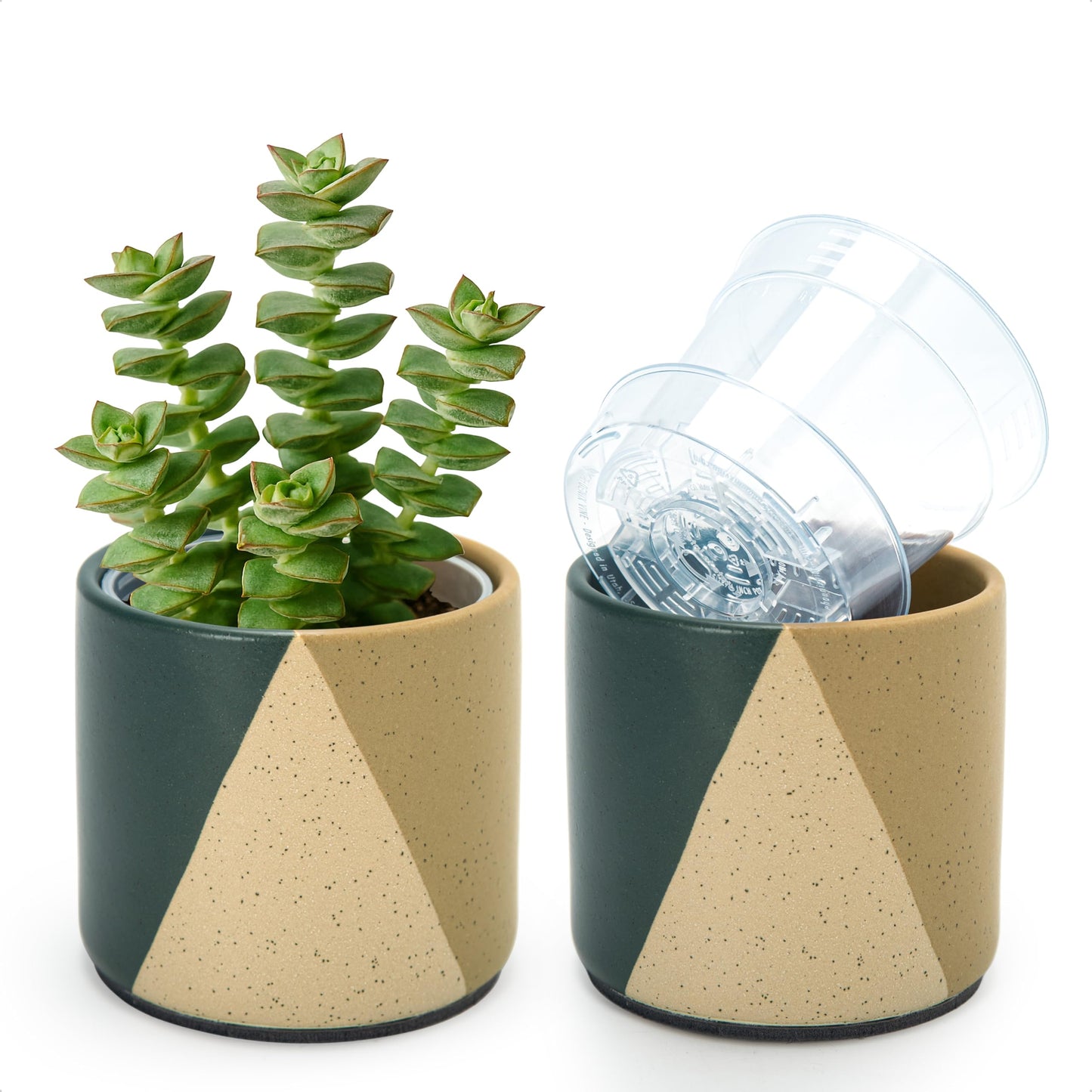 D'vine Dev 4.5" Stoneware Cachepot Planter with 4" Clear Nursery Pot & Detachable Saucer – Indoor Plant Pot with Drainage for Bottom Watering & Root Visibility, Desert Forest, Set of 2, 93-V-B-1