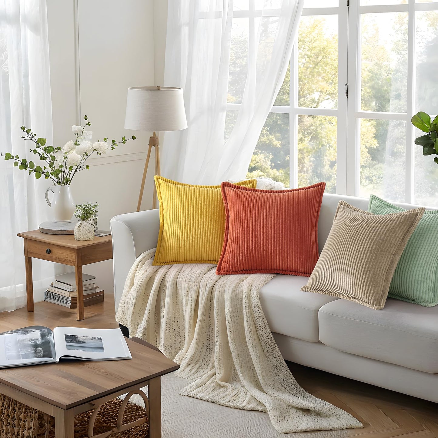 Mecatny Corduroy Throw Pillow Covers 26x26 Set of 2, Neutral Decorative Soft Boho Couch Pillow Covers with Broadside for Sofa Living Room, Mustard Yellow