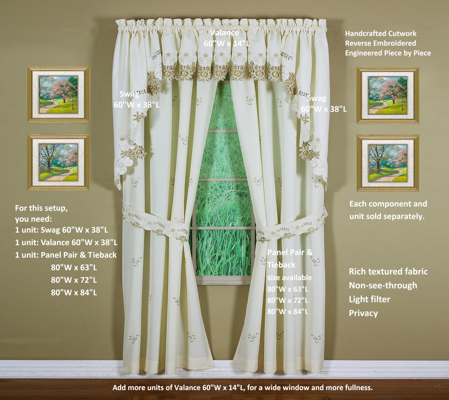 Today's Curtain Verona Reverse Embroidery Panel Pair and Tiebacks, 63", Ecru/Antique, 80" W X 63" L