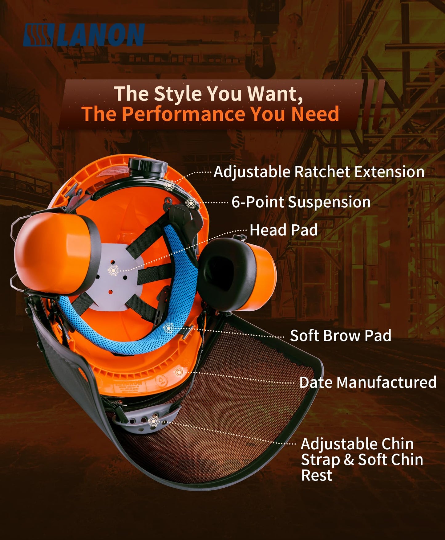 LANON Industrial Forestry Safety Helmet Protection System, ANSI Approved Chainsaw Hard Hats with Adjustable Ear Muffs & Face Shield Visor, 6 Point Adjustable Ratchet Suspension, Class C, Orange