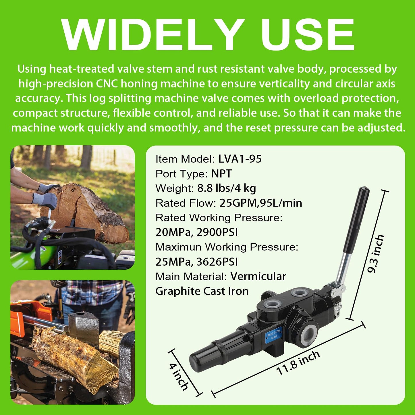 INPANOLS Hydraulic Log Splitter Valve w/ 2 Joystick, Hydraulic Directional Control Valve, 1 Spool 25GPM 3626PSI Hydraulic Loader Valve for Log Splitter, Small Tractors & Loaders