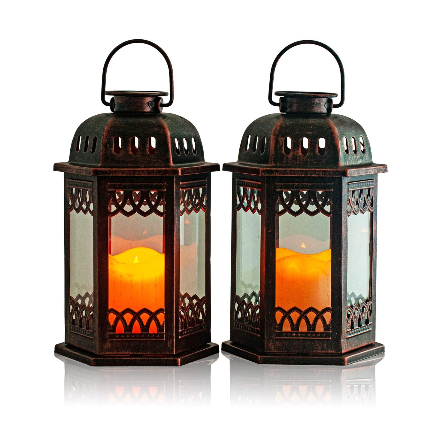 SteadyDoggie Solar Lanterns 2 Pack Bronze - Retro Ornate Hanging Lantern with Handle, Outdoor Lantern with Flickering Candle LED, 6.60 x 6.60 x 10.60 in
