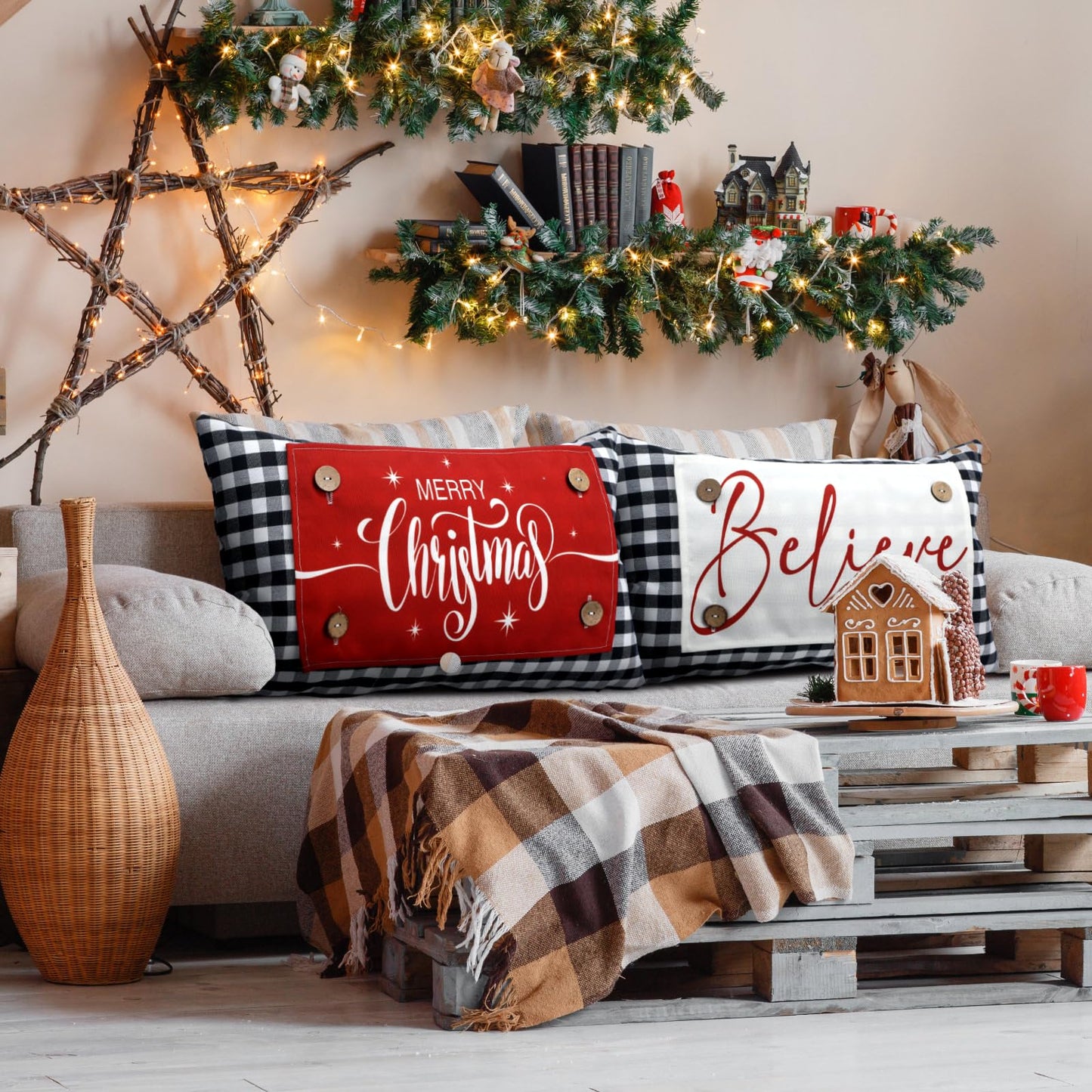 Hahafelt Seasonal Holiday Throw Pillow Cover with 12 Interchangeable Pillow Panels 250th Anniversary 4th of July Pillowcase Summer Rectangle Canva Lumbar for Home Decoration(Black and White Checkered)