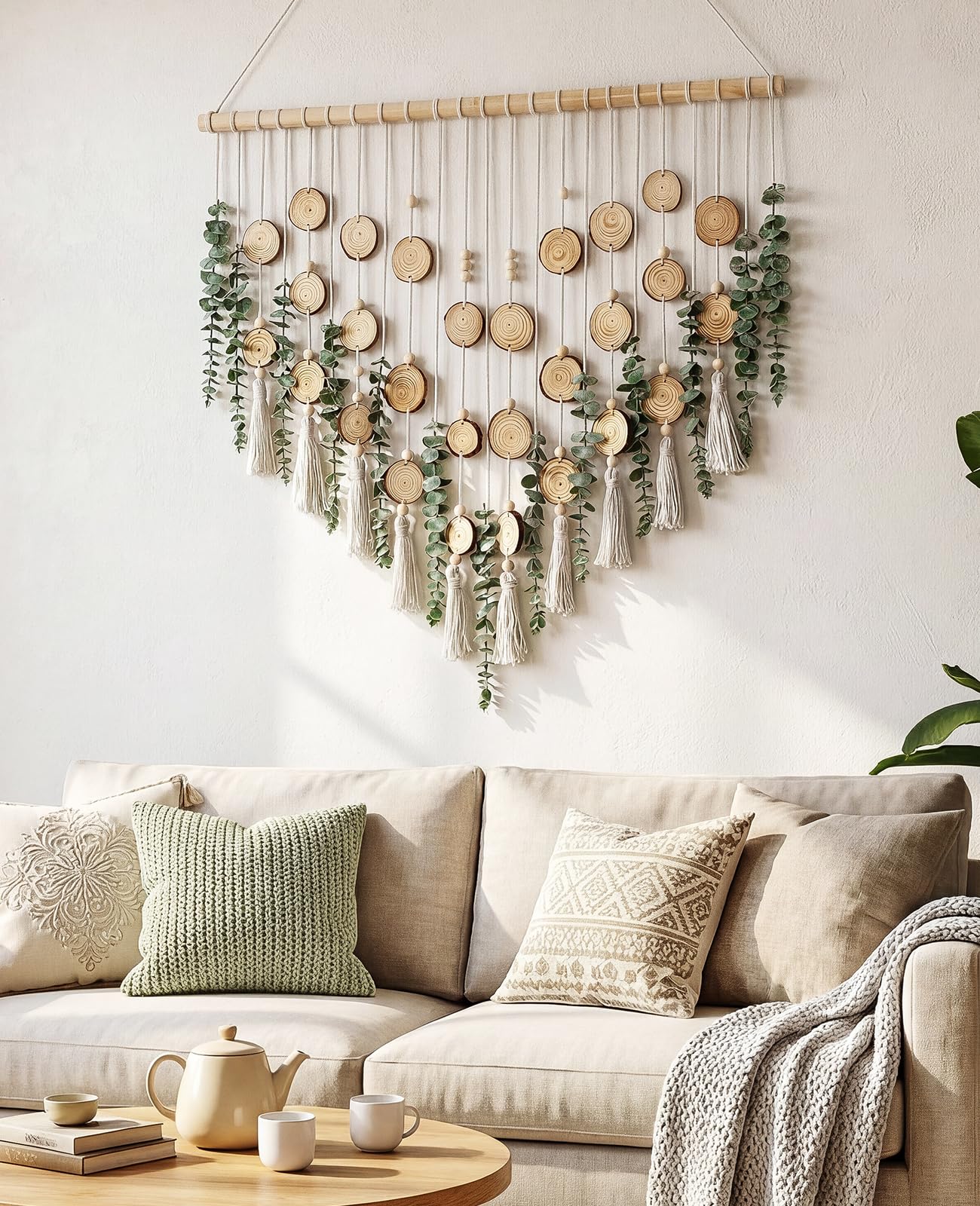 Tempospark Artificial Eucalyptus Wall Decor Hanging, Boho Bathroom Wall Decor, Fake Greenery Leaves Stems with Wood Slices Tassels on 33.1" Stick, for Living Room, Bedroom, Kitchen, Home Office