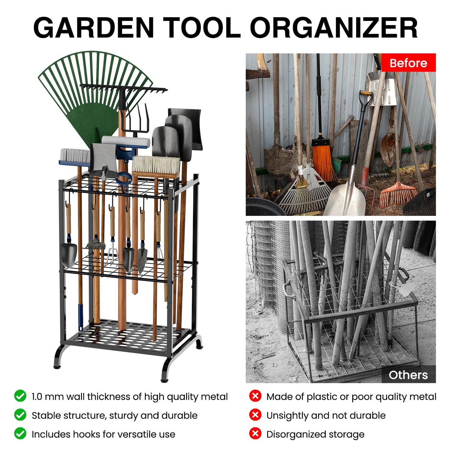 RANXFLOAT Garden Tool Organizer with Storage Hooks, Yard Tool Tower Rack for Garage Organization and Storage, Up to 35 Long-Handled Tools, Metal Tool Holder with 6 Hooks, Black