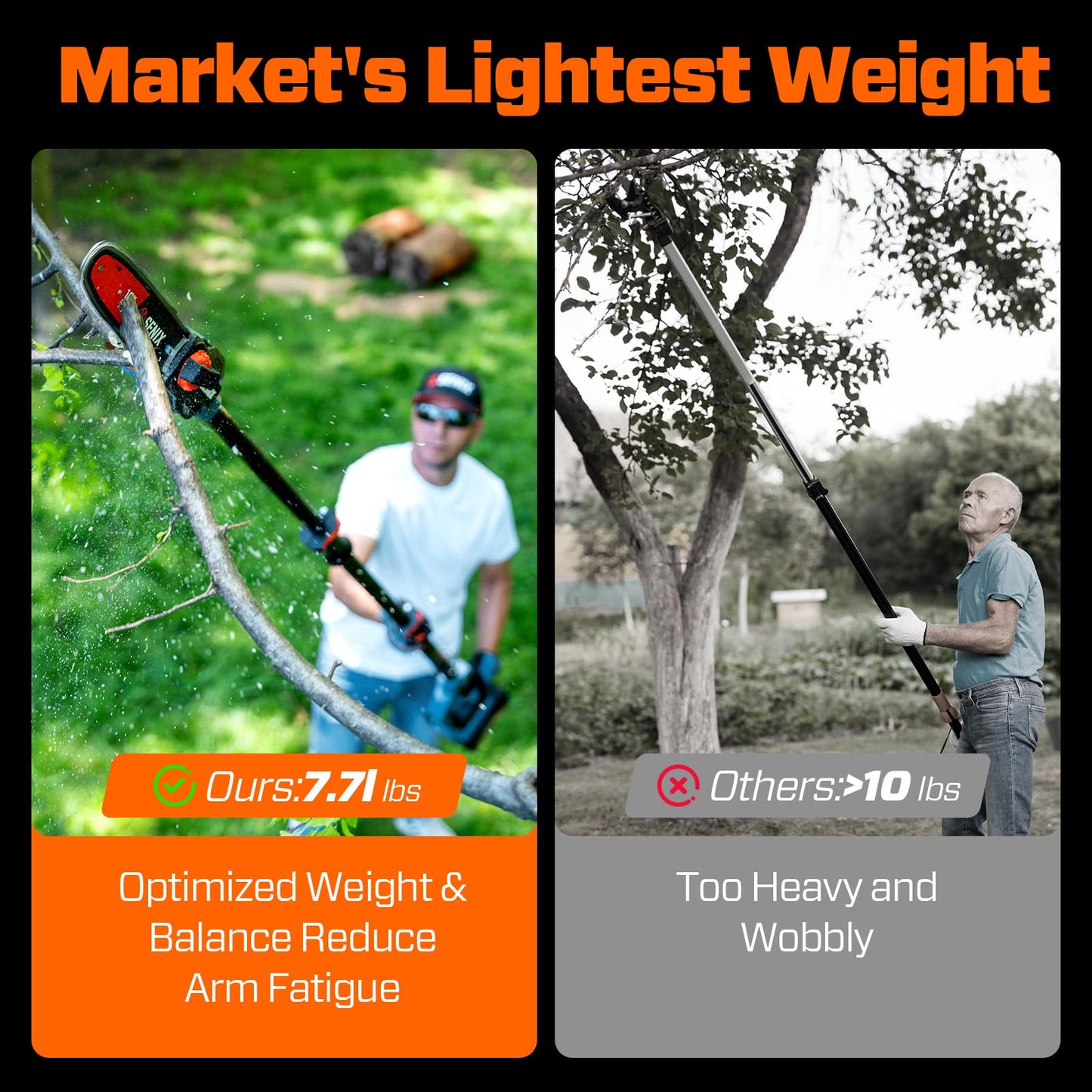 SENIX 10" Cordless Pole Saw, 60V Max 3.0Ah Battery Powered, Carbon Fiber Telescoping Pole (4.6-8.5 ft), 65.5 ft/s Cutting Speed for Tree Pruning and Branch Trimming
