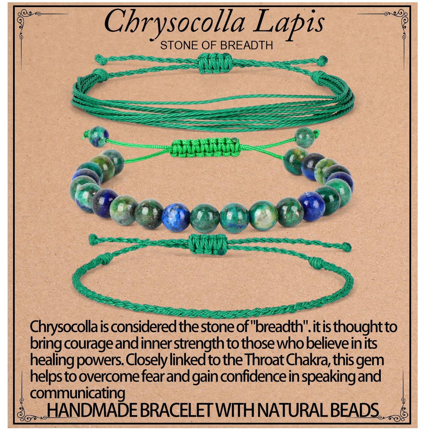 QOGIR Handmade Healing Stones Bracelets,8mm Natural Chrysocolla Lapis Beaded Bracelets for Men Women Gifts with 2PCS Size Adjustable Rope Bracelets