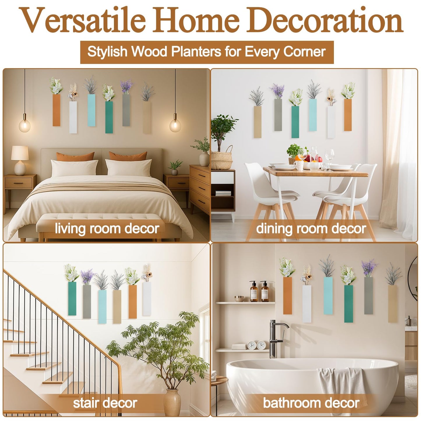 Chunful 6 Pcs Wood Boho Wall Planter Hanging Vertical Wall Vases for Indoor Plants Dried Flowers Faux Greenery Rustic Bohemian Home Decor for Living Room Hallway Office Bedroom Bathroom Apartment