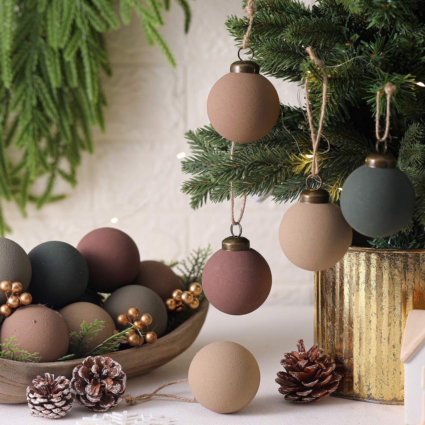 15 Pcs Neutral Matte Christmas Ball Ornaments 2.36'' Textured Rustic Boho Brown Taupe Pine Green Xmas Ball Ornaments Modern Christmas Decor Shatterproof Hanging Tree Decor for Home Indoor