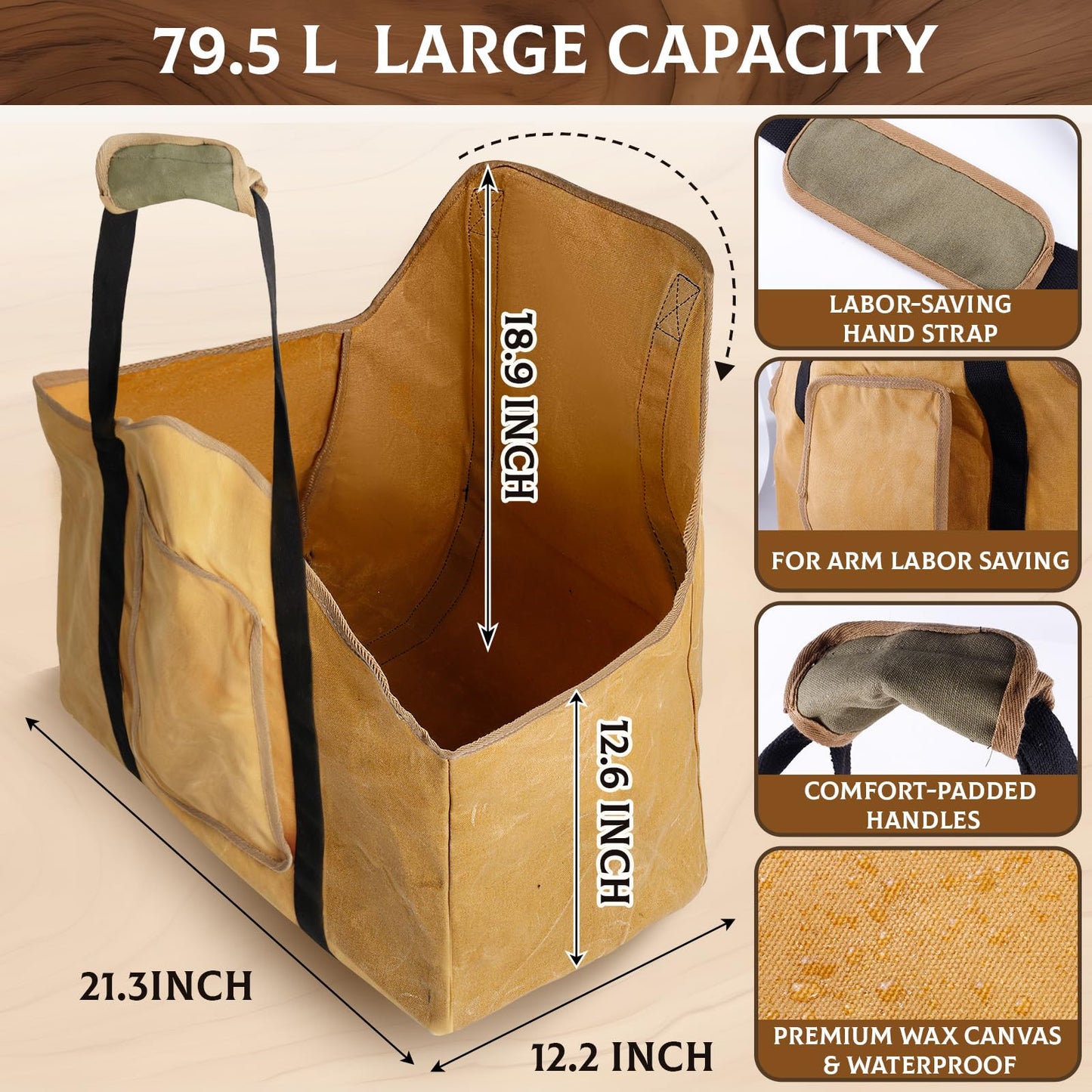 NFAMRZCAR Extra Large Firewood Carrier Ergonomic Wood Carrier for Firewood Heavy Duty Wax Canvas Firewood Bag,Firewood Carriers with Handles for Wood Stove Accessories Outdoor Camping