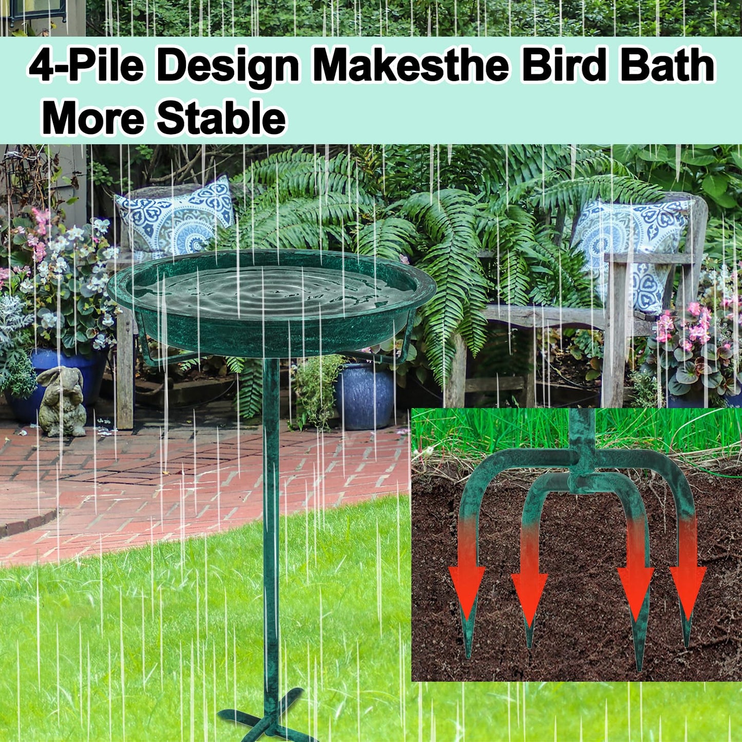 KHayRovies Metal Bird Bath for Outside, 36.2" Height Birdbath Bowl Standing Bird Feeders for Outdoors with 4 Prongs Base Stake, Freestanding Birdfeeders for Garden Yard Lawn Decor (Retro Green)