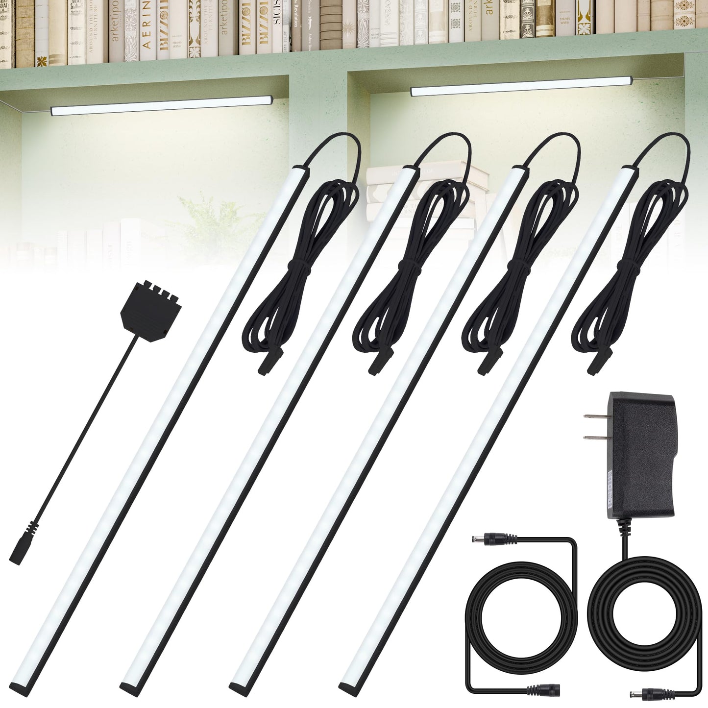 Black Shell Display Cabinet Lights, Under Shelf Lighting with Memory Function, 2 Sets of 4x12 Inch Plug-in Bookshelf Lighting, LED Cabinet Lights for Display Case/Pantry/Closet/Safe, Cold White 6000K