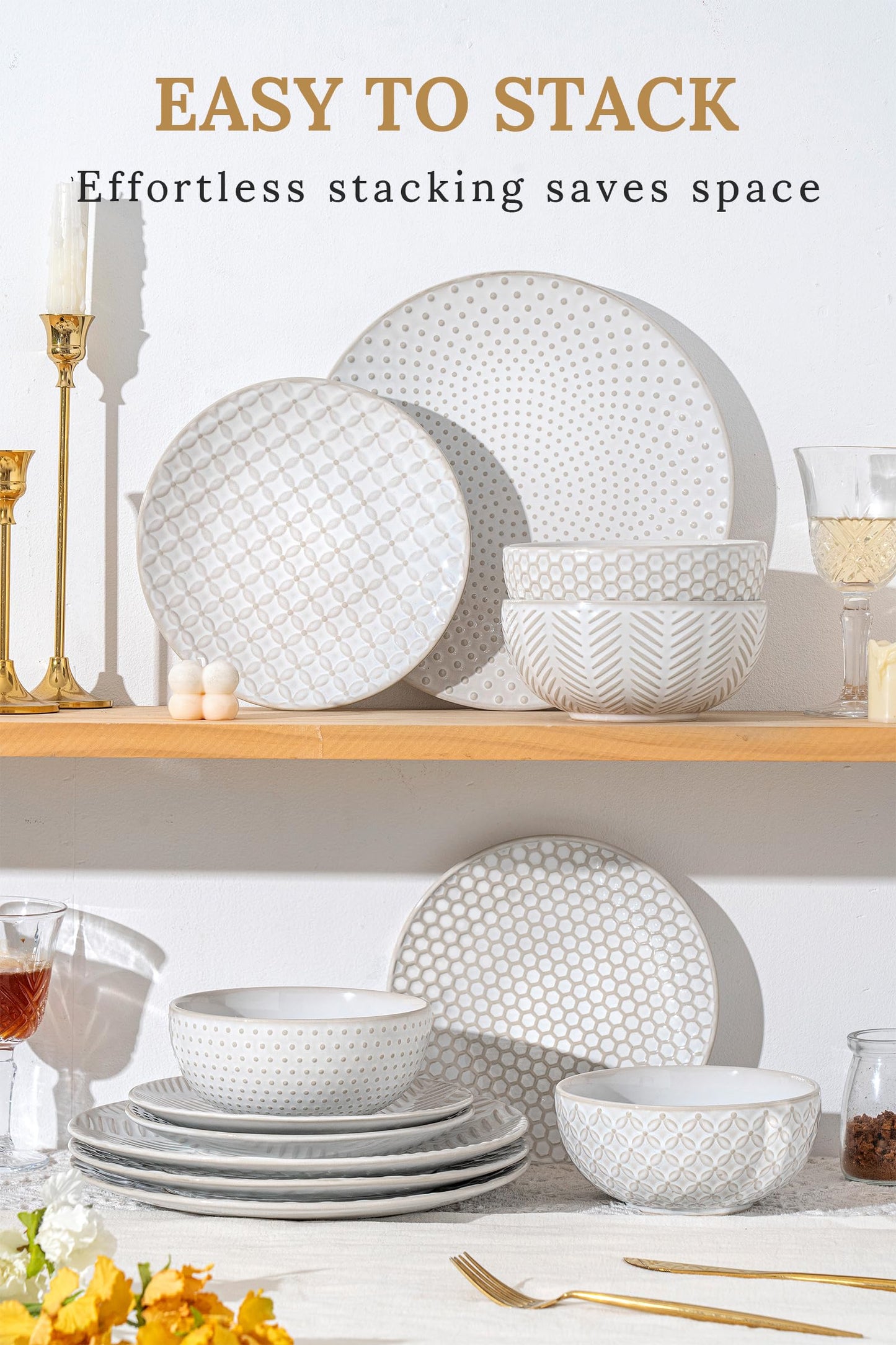 FOBENTA 12 Piece Embossed Dinnerware Sets for 4, Elegant Plates and Bowls Sets, Microwave & Dishwasher Safe, Stoneware for Stylish Home Dining–Perfect Housewarming Gift for Busy Families & Hostesses