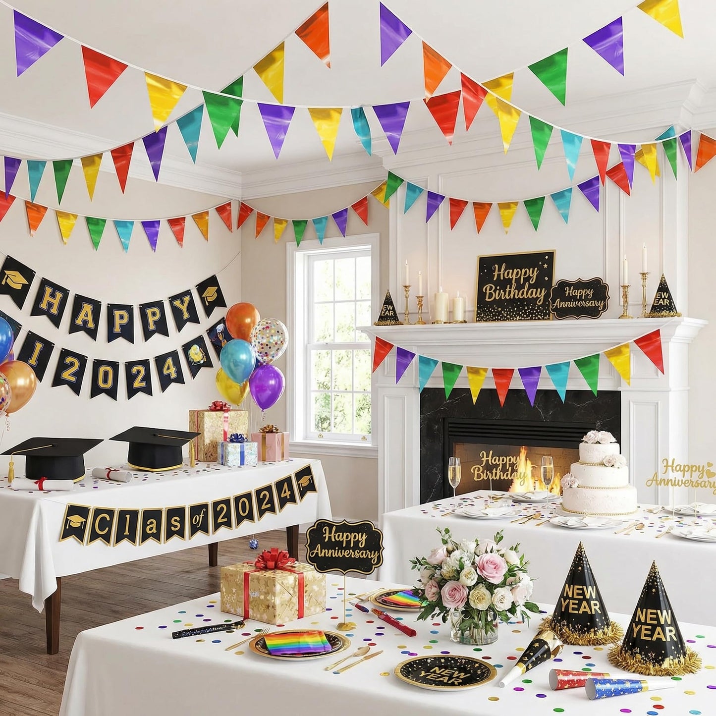 4P Rainbow Party Decorations - Metallic Fabric Triangle Pennant Banner Flags - Indoor/Outdoor Bunting Garland for Birthday, Wedding, Graduation & Theme Parties