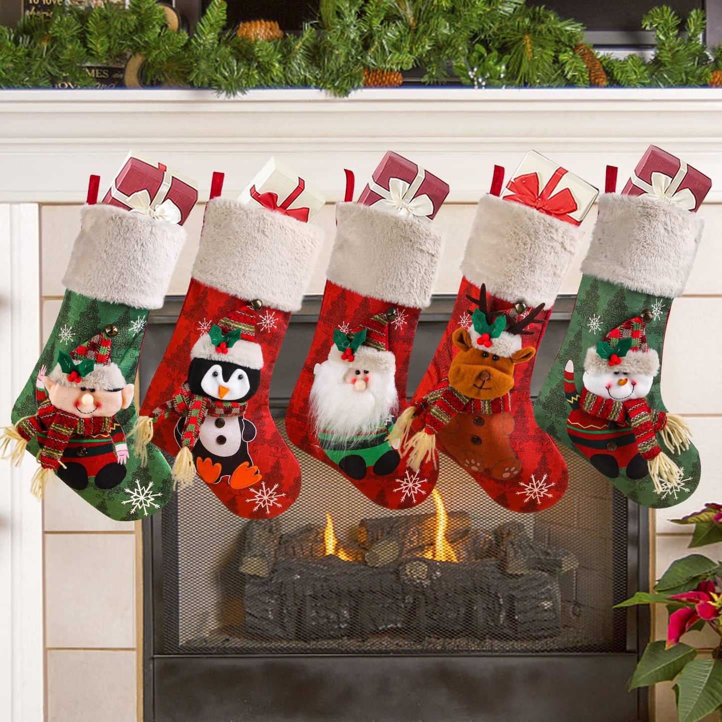 Christmas Stockings Set of 5, Large 18’’ Xmas Stockings Fireplace Hanging Stockings with Plush Cuff, Santa Snowman Reindeer Elf for Holiday Decor,Christmas Tree Decoration (5pcs)