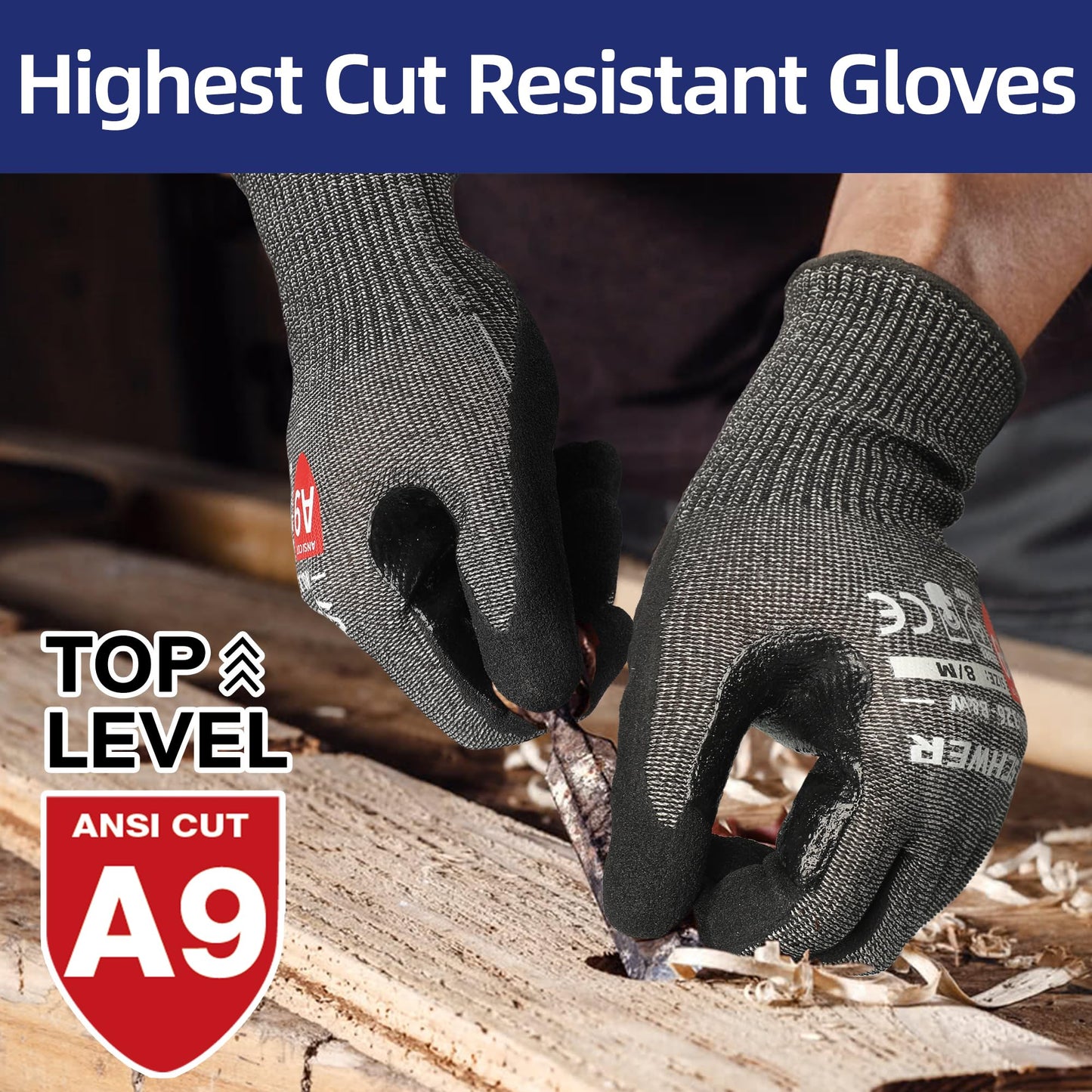 Schwer ProGuard High Level Cut Resistant Work Gloves PR3326 for Extreme Protection，ANSI A9 Cut Gloves with Reinforced Thumb, Non Slip, Breathable, Durable, Touch-screen, Black 1 Pair（L）