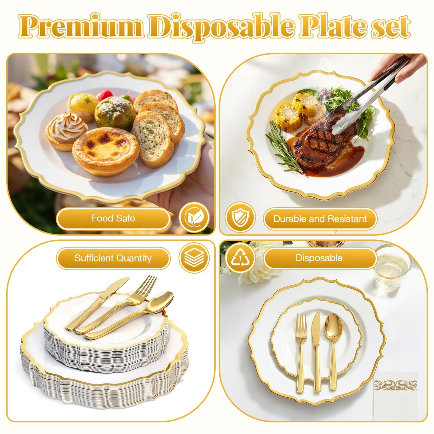 Glowserve 175 Plastic Dinnerware Set Gold Disposable Dinnerware Set for 25 Guests Include 50 Plastic Plates 25 Silverware Set 25 Cups and 25 Napkins for Mother's Day Party Wedding Birthday