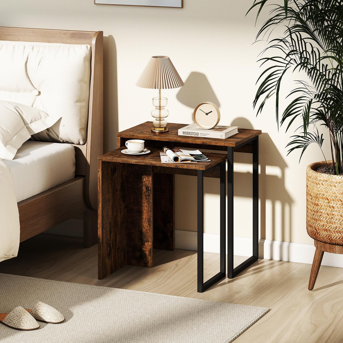 Giantex Nesting Coffee Table Set of 2, Rectangular Stackable Side Tables with Sturdy Metal Frames, Modern Nesting End Tables for Living Room, Bedroom, Rustic Brown
