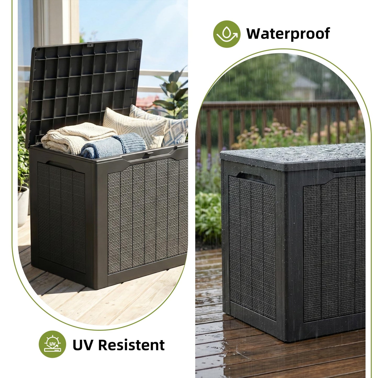 UDPATIO 30 Gallon Deck Box, Outdoor Storage Box Lockable Waterproof Resin, Indoor Outdoor Storage Container for Patio Cushions, Garden Tools, Pool Accessories, Package Delivery Boxes for outside
