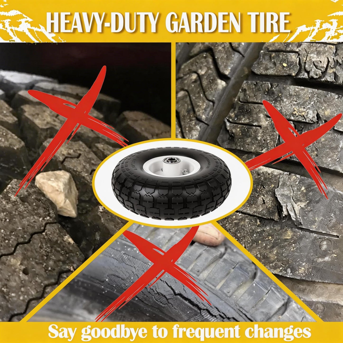 4.10/3.50-4 Tire and Wheel Flat Free, 10" Solid Tire 220LB Capacity Each, with 5/8" Bearings and 2.1" Offset Hub, for G orilla Cart, Garden Cart, Trailer, Dolly, Hand Truck, Wagon, 4 Pack, Silver