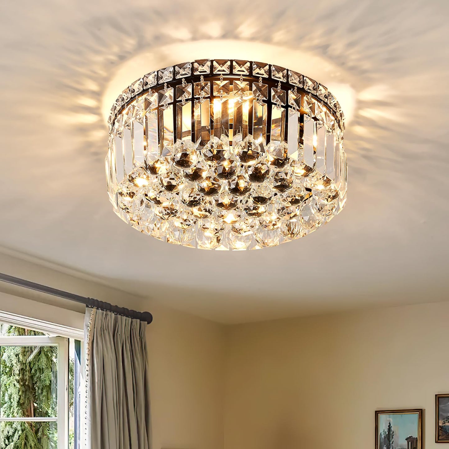 CEENLI 4-Light Black Crystal Chandeliers Flush Mount Chandelier Light Fixture with K9 Crystals Modern Ceiling Lights Elegant Round Lamp for Bedroom,Hallway,Bar,Living Room,Dining Room,H5.9 xW13.7