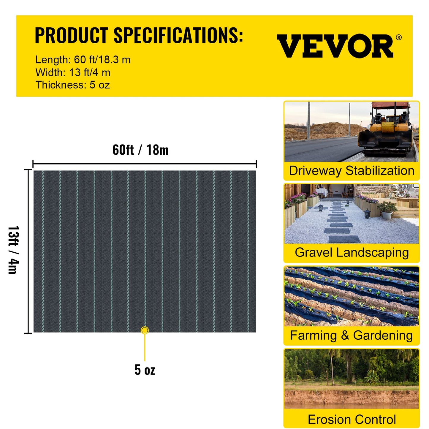 Happybuy Driveway Fabric, 13x60ft Commercial Grade Landscape Fabric, Garden Weed Barrier Fabric Heavy Duty, Geotextile Fabric Underlayment Gravel, Ground Cover Drainage Fabric, Weed Mat Cloth