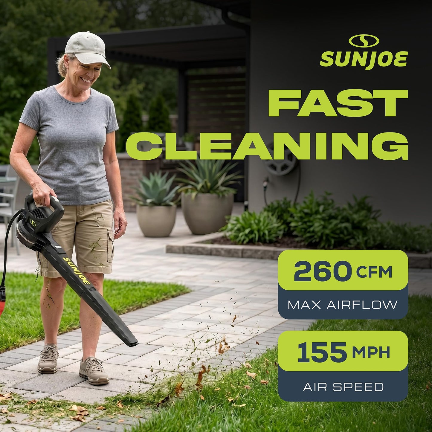 Sun Joe SBJ597E All-Purpose Electric Leaf Blower, 6-Amp Motor, 155 MPH, 260 CFM, Black - Lightweight & Compact, One-Hand Operation for Yards, Porches, Patios, Walkways, Decks, Garage & Light Snow