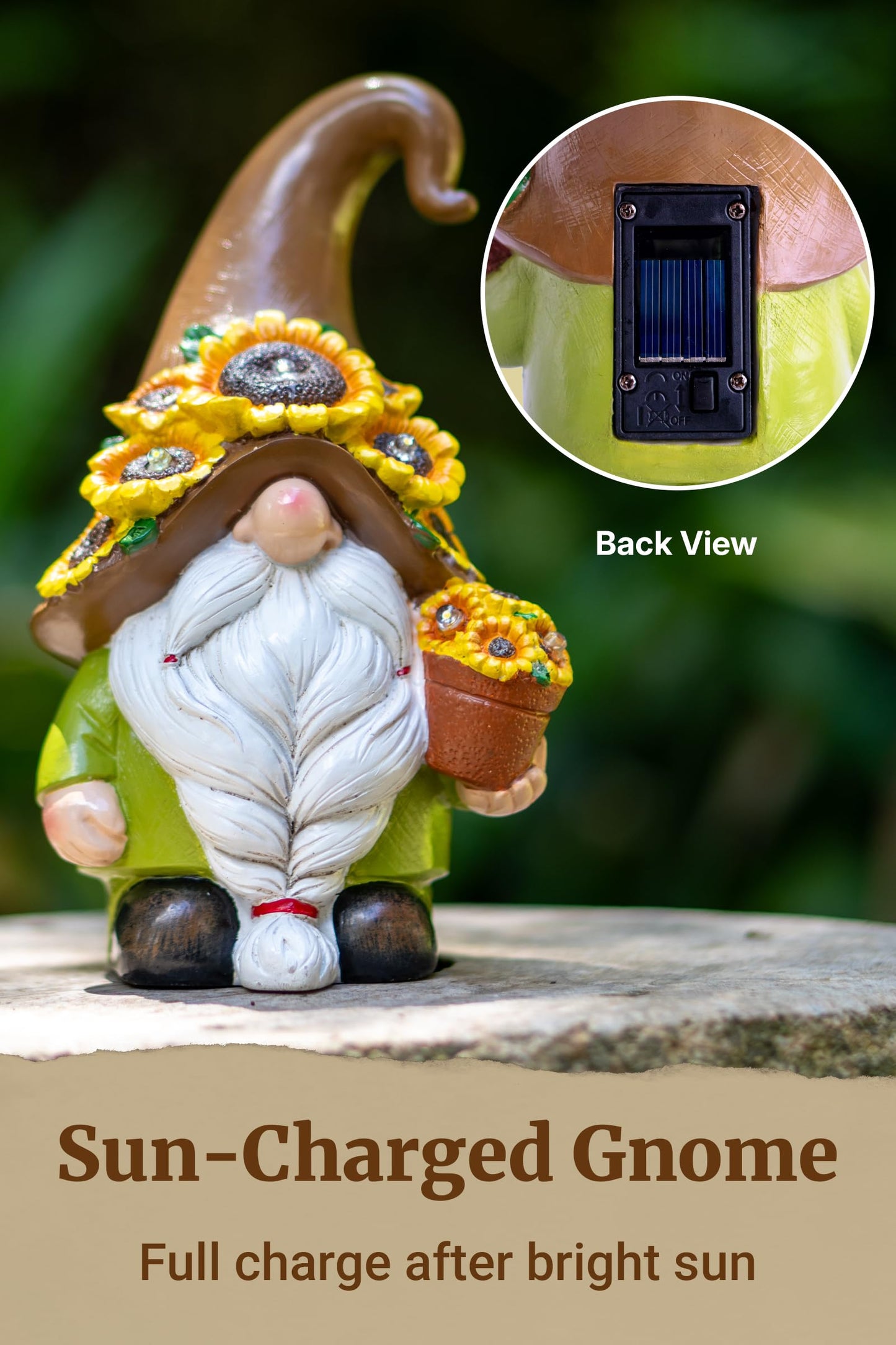 Fuzrea Solar Garden Gnome Statue, 7.67 Inch Resin Gnome Outdoor Decor for Yard, Backyard, Patio, Porch, Lawn; Garden Decor, Gnome Gifts, Birthday Gifts for Grandma Mom Women