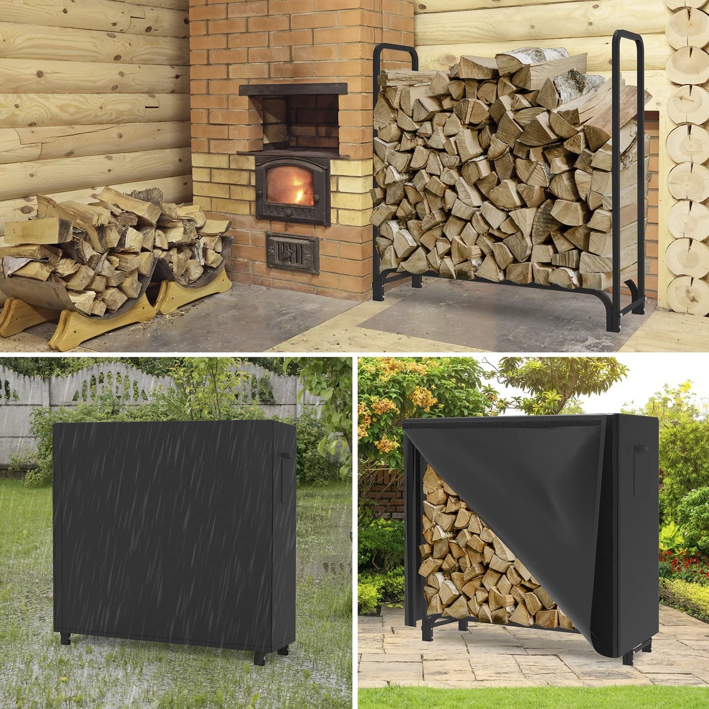 WALMANN 4ft Firewood Log Rack with Cover Outdoor, Heavy Duty Firewood Rack With Weather Resistant 600D Oxford Fabric Cover, Indoor/Outdoor Wood Racks for Fire Wood